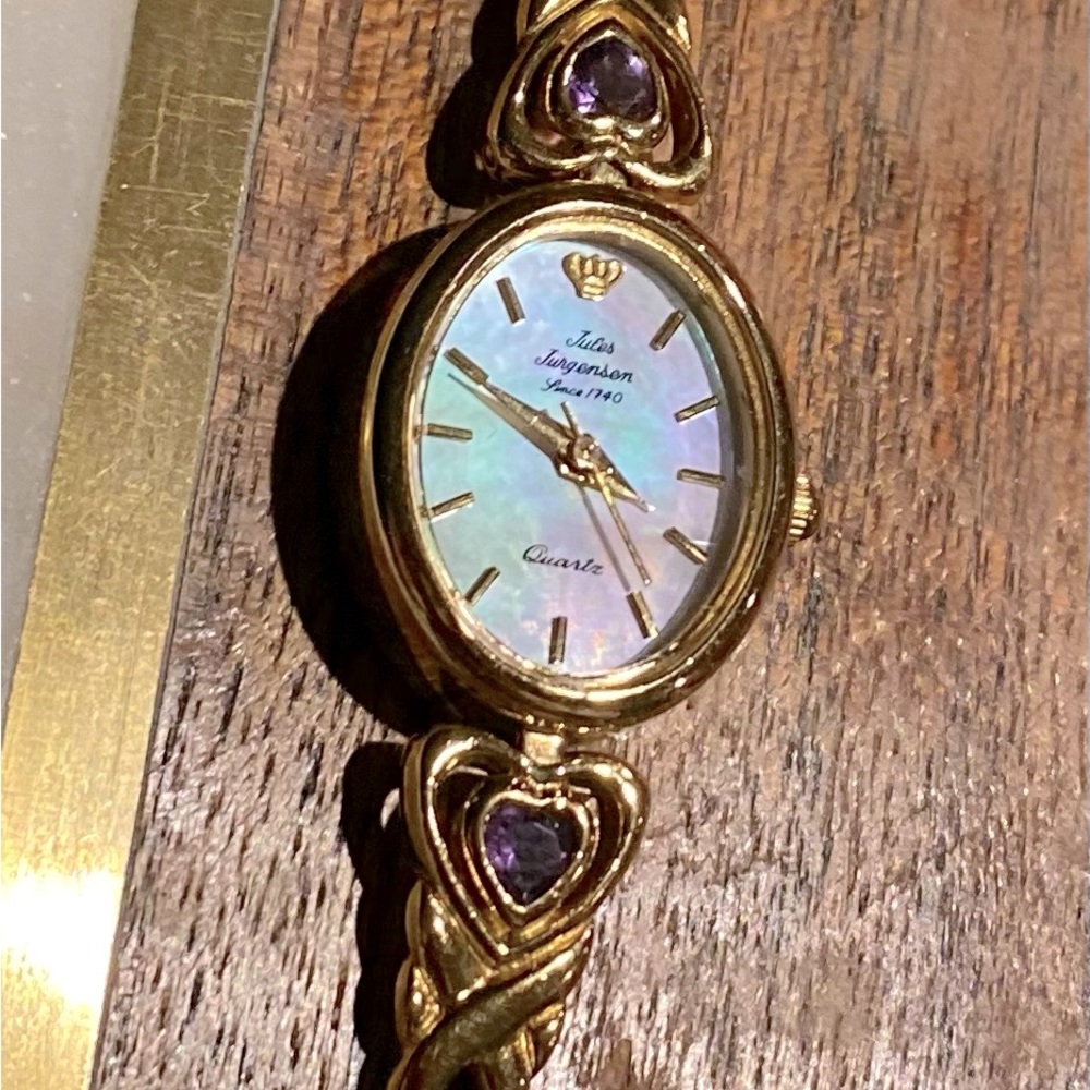 Jules Jurgenson gold Watch with Amythest heart accent band